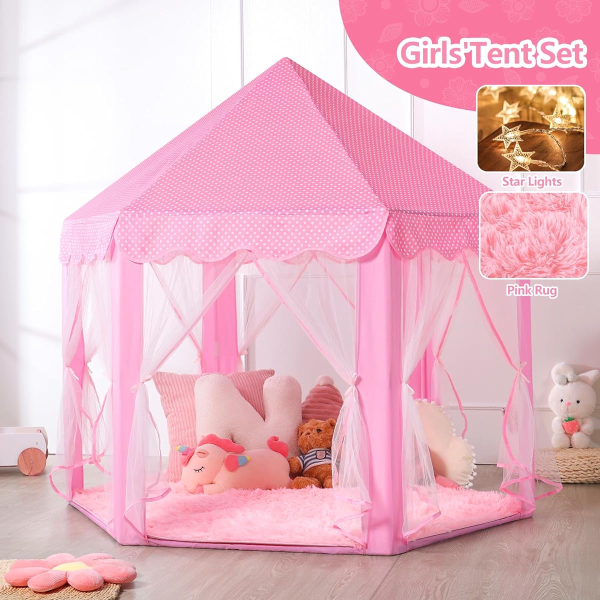 Princess Tent with Rug, Star Lights, Starry Projector Night Light for Girls, Pink Play Tent for Kids, Girls Toys Set for Indoor and Outdoor Games, Princess Castle Playhouse