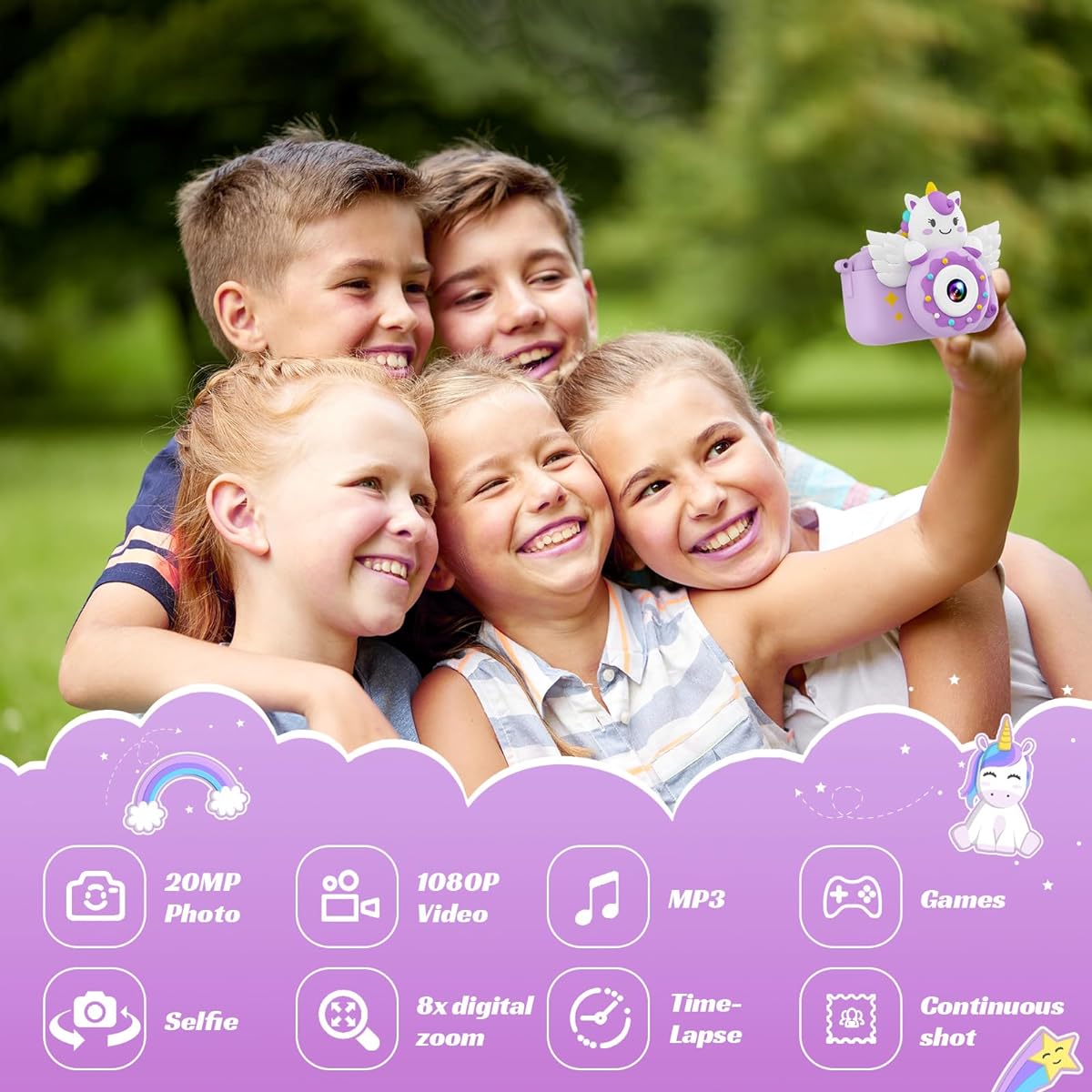 GTTCCG TIATUA Kids Camera for Girls & Boys, Toddler Camera Toys for Age 3-12 Kids with 32GB Card & Dual Lens, Digital Camera for Kids Fun Birthday & Christmas Gifts (Purple)