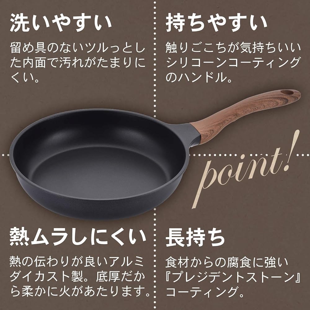 Wahei Freize Frying Pan Set, Tamagoyaki & Deep Frying Pan 20/24cm & Frying Pan 26cm, IH Compatible, Black, Wood Grain Handle, Ntone MB-1227