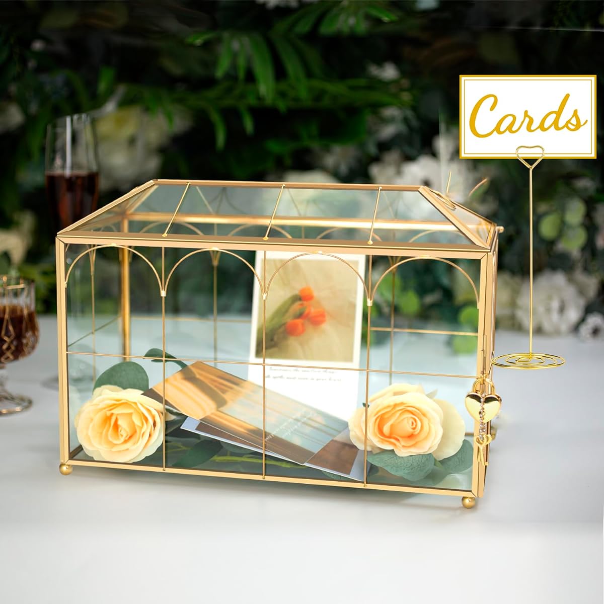 Ripprovt Glass Wedding Card Box with Lock 12.6 x 5.9 x 9 inches Large Gold Card Box for Wedding Reception Graduation Favor Display Party Centerpiece Gift Card Box