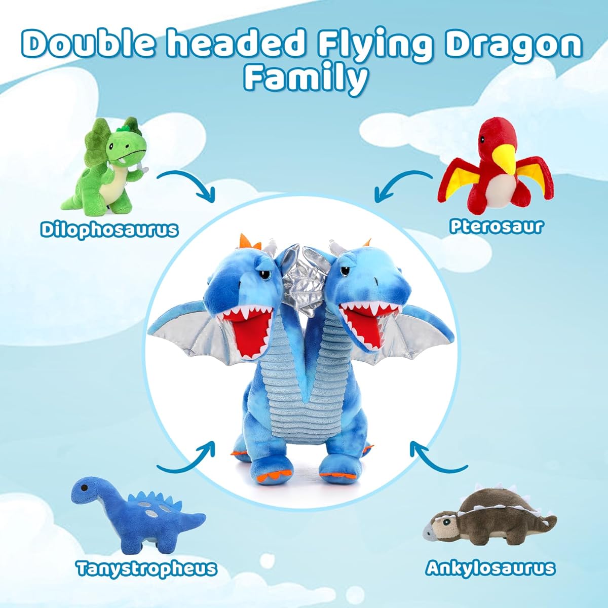 Tezituor 5pcs Double Headed Dragon Plush Toy, Dinosaur Plush Toy Set, Mummy Dragon with 4 Baby Dinosaur Plush Toys, Dinosaur Gifts for Girls/Boys/20"