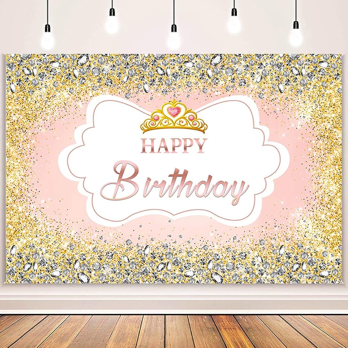 AIBIIN Pink Rose Golden Birthday Party Backdrop Banner for Women, Sparkly Diamond Birthday Background Princess Pink Sweet 16th 18th Birthday Party Decorations Supplies Banner Photo Props Vinyl 8x6ft