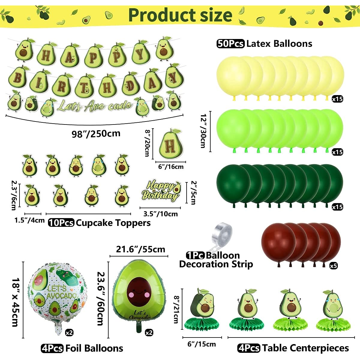 Fruit Avocado Party Decorations, Cute Avocado Theme Birthday Party Supplies for Boys and Girls, Happy Birthday Banner Cupcake Toppers Table Centerpieces 54 Pieces Balloons Garland Arch Kit
