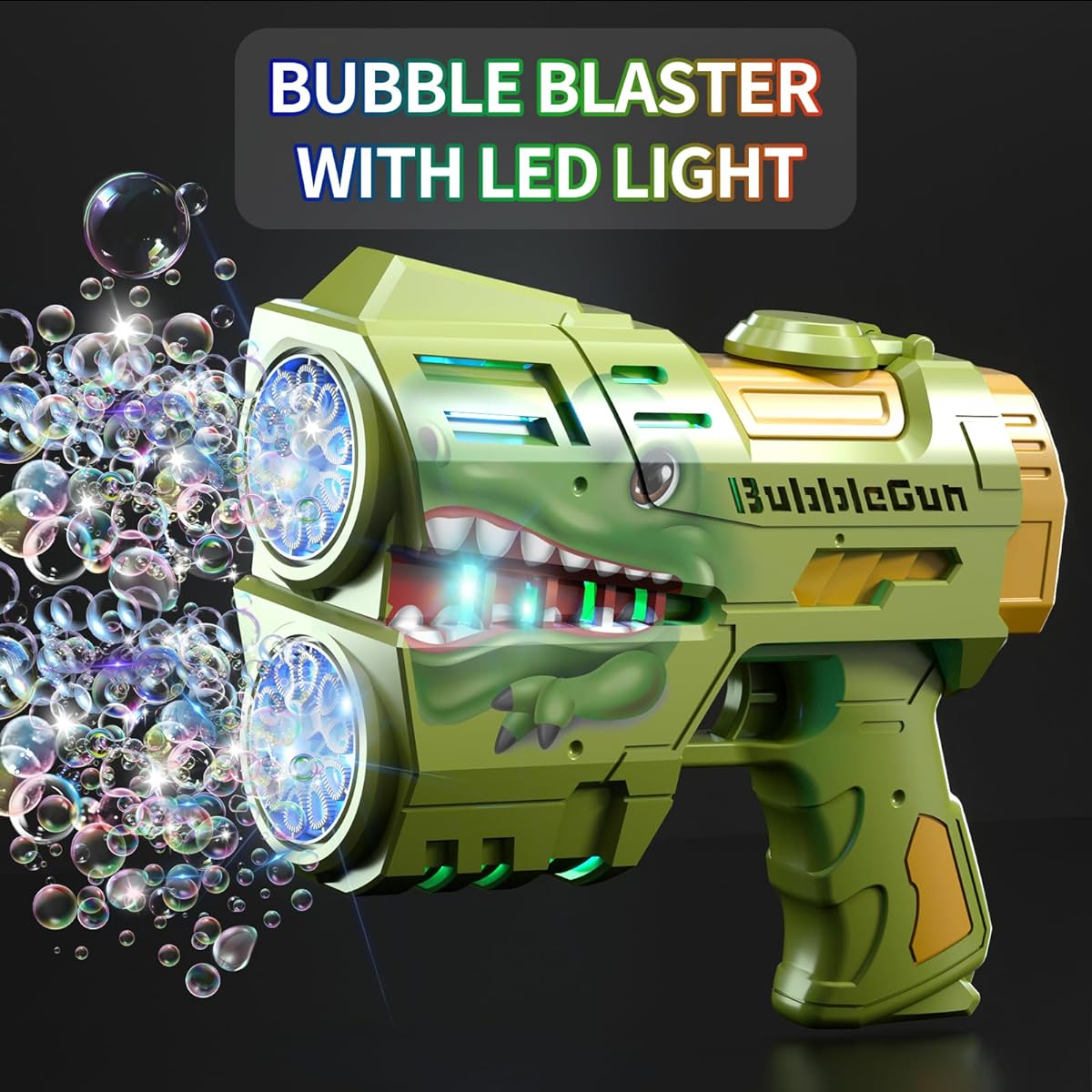 Jasny Dinosaur Bubble Gun for Kids LED Light Up Dinosaur Bubble Machine Blower 2 Pack with 4 Bottles Bubble Refill Liquid for Kids 4-8 Years Old Bubble Maker Blaster for Toddler Wedding Birthday Gift
