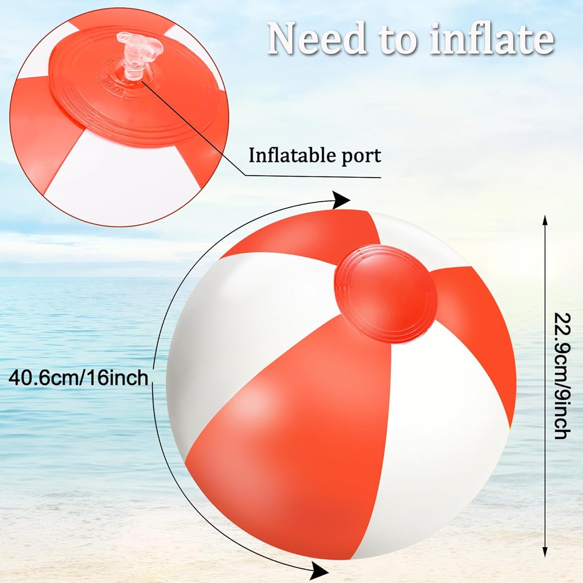 Whaline 16pcs 16" Red and White Inflatable Beach Balls Round Pool PVC Balls Cute Game Toys for Summer Hawaiian Tropical Theme Beach Party Decorations Water Sand Game Accessories
