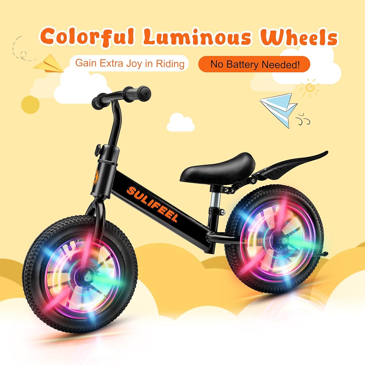 SULIFEEL Colorful Light Up 2 Wheel Kids Baby Balance Bike for 1 Year Old Boys Girls Birthday Gift First Bike Adjustable Full Wheel Illuminated Klydren Toddler Bike for 2 3 4 5 6 Years Old Lightweight