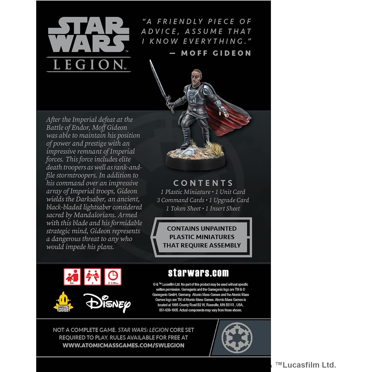 Star Wars: Legion Moff Commander Gideon Expansion - Lead with cunning tactics! Tabletop Miniatures Strategy Game for Kids and Adults, Ages 14+, 2 Players, 3 Hours Playtime, by Atomic Mass Games