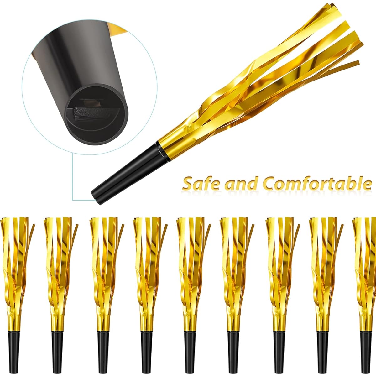 200pcs Noise Maker Party Blower Graduation Party Musical Party Horn Speech Bubble Clapper Noise Maker Birthday Sports Event Party Favors Supplies 2023 (Black Gold)