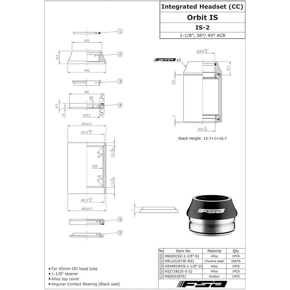 FSA Orbit is-2 1-1/8 Threadless OD 45mm Road Bike Integrated Headset withTop Cap, XTE1535-N
