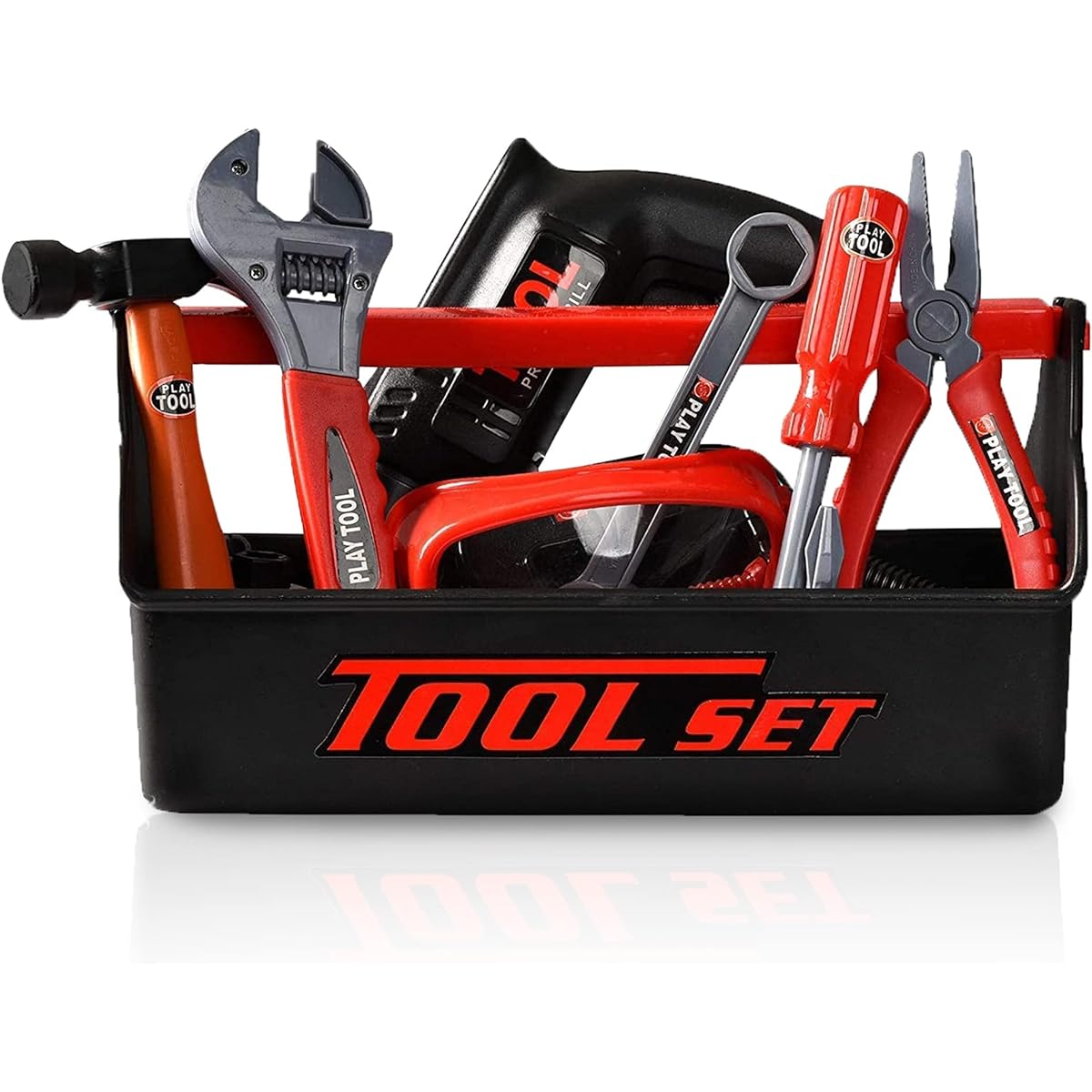 Playkidz Toolbox for Kids, 22 Piece Boys & Girls Construction Toy Playset with Carry Chest and Working Push Button Power Drill, Hammer, Screwdriver, Wrench, Pliers, Saw and Other Realistic Tools for Ages 3+