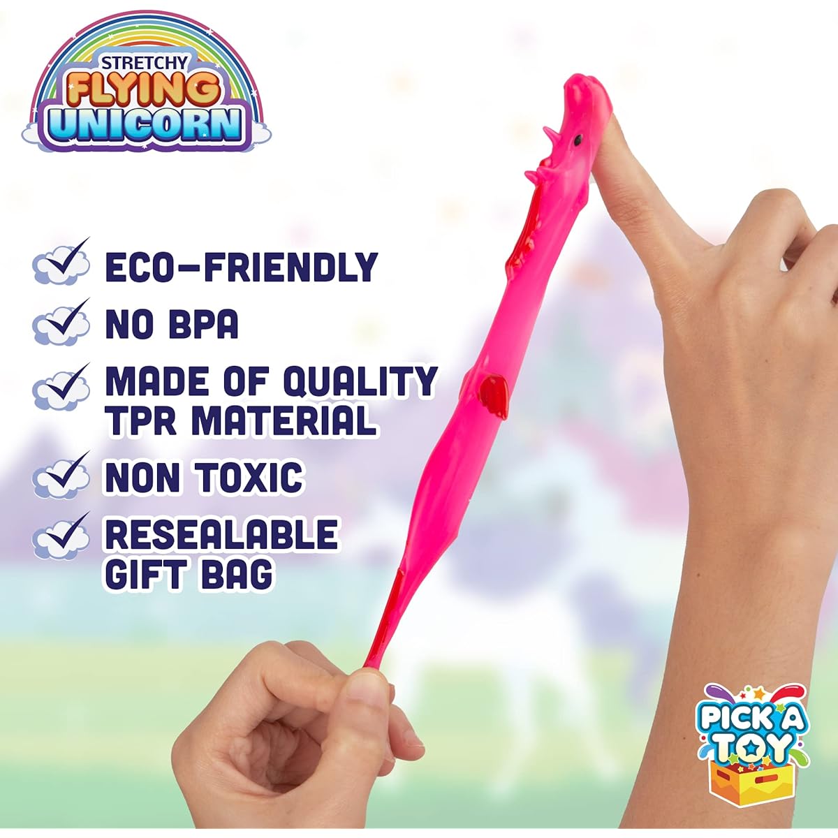 PICK A TOY Mini Flying Unicorn Toys for Girls and Boys, 24 Pieces Rubber Animals Finger Flickers Stretchy Squishy for Kids, Fun Birthday Goodie Bags, Party Favors, Classroom Treasure Chest