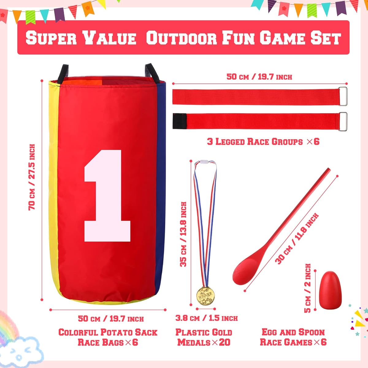 38 Pieces Outdoor Games Potato Sack Lace Bag Egg Spoon Race 3 Leg Relay Race Band Medal Carnival Game Boys Girls Adults Family Birthday Party Lawn Garden Backyard Outdoor Games