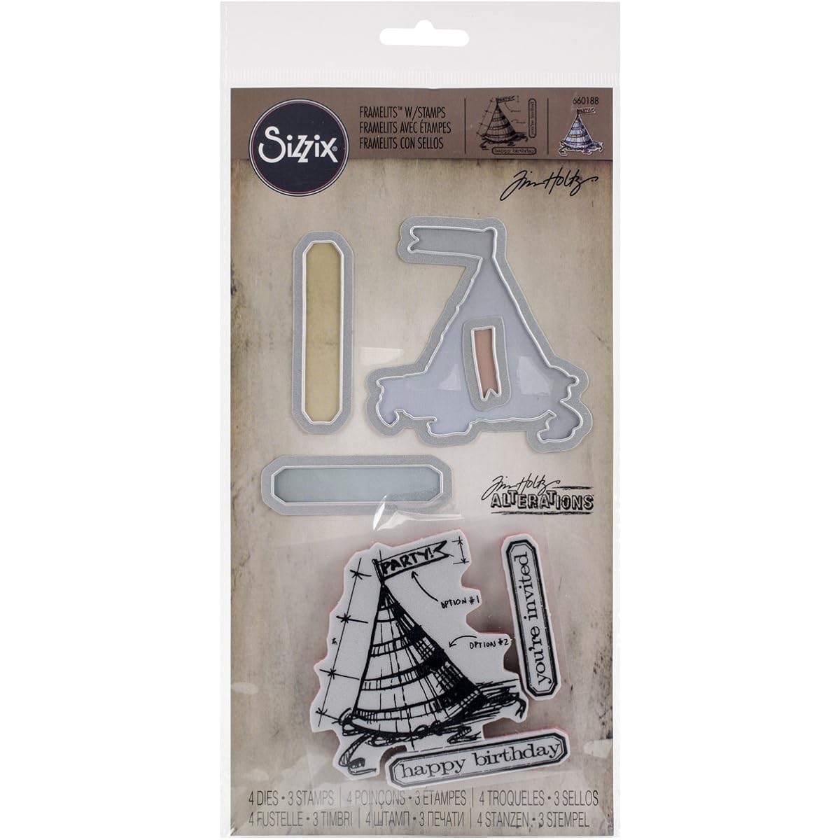 Sizzix Framelits Dice 4/Pack with Stamps Tim Holtz-Celebrate