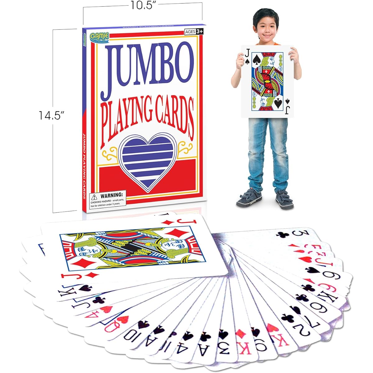 Gamie Giant Poker Jumbo Playing Cards 10.5" x 14.5" Oversized Playing Cards Set with 2 Jokers Huge Casino Game Cards for Kids and Adults Oversized Poker Party Decorations Blue Deck