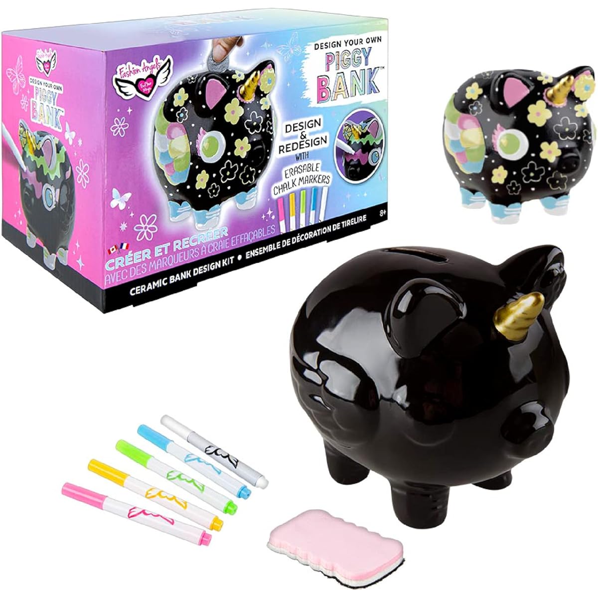 Fashion Angels Design Your Own Piggy Bank - Ceramic Unicorn Piggy Bank with Markers and Eraser - Design and Redesign - Ages 8 and Up