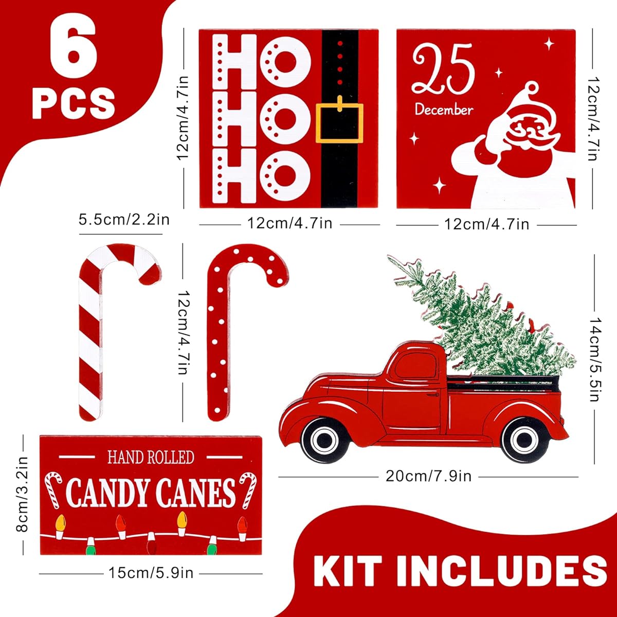 Whaline Christmas Tiered Tray Wood Decor Red White Santa Candy Cane Truck Wooden Sign Rustic Table Centerpiece Wood Tiered Tray Decoration for Christmas Winter Home Office Farmhouse