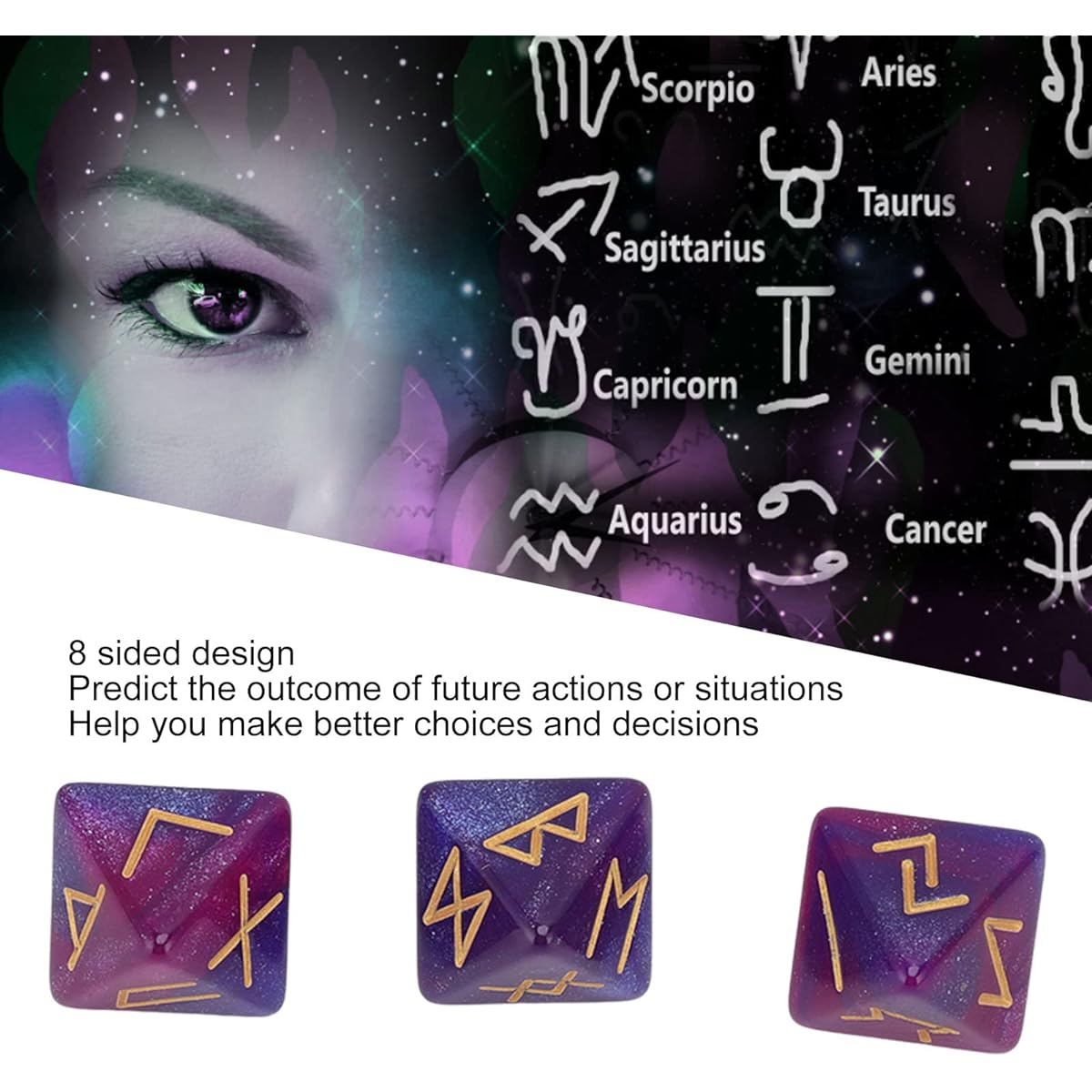 CHICIRIS Rune Dice Polyhedral Dice Set 3 Rune Dice 8 Sides Starry Sky Mysterious Vibrant Colors Astrology Learning Prediction Polyhedral Dice Set for Adults (Purple Blue)