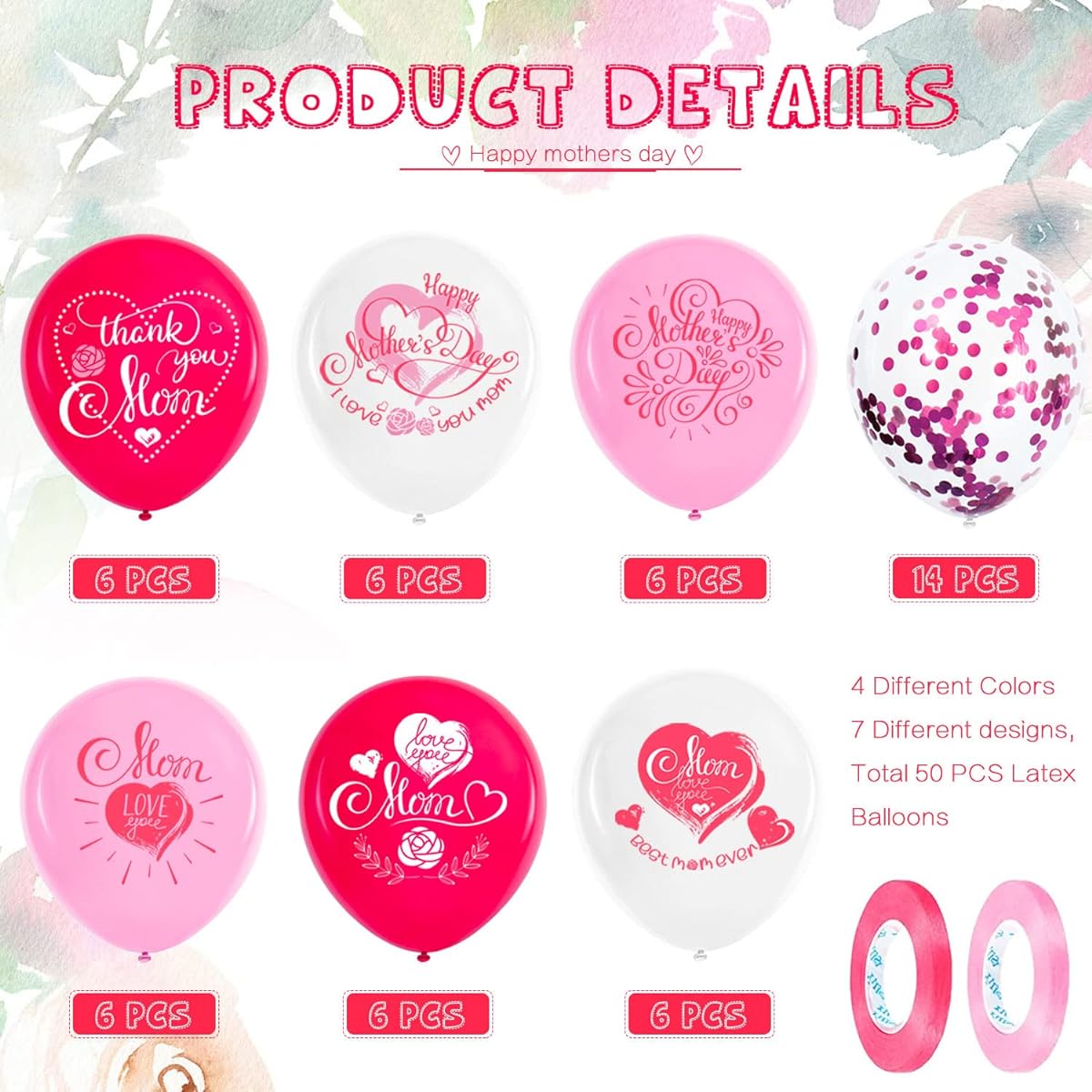 Mother's Day Balloons Mother's Day Decorations 50 Pieces 12 Inch Love You Mom Best Mom Ever Thank You Mom Latex Balloons for Mother's Day Party Mother's Birthday Party Supplies
