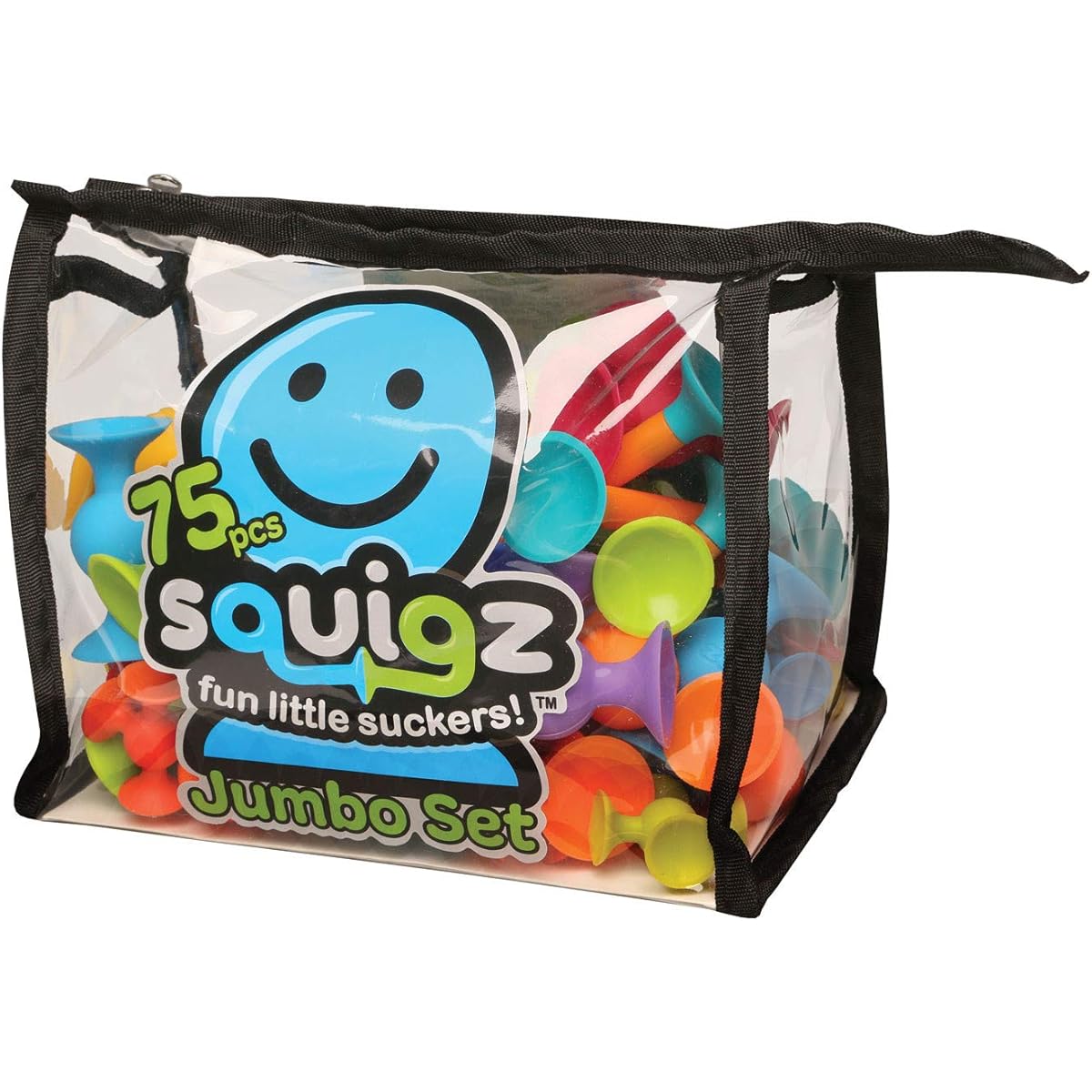 FAT BRAIN TOYS Squigz Jumbo 75 Piece Set with Storage Bag - Exclusive Combo Suction Toy Building Set - BPA-Free