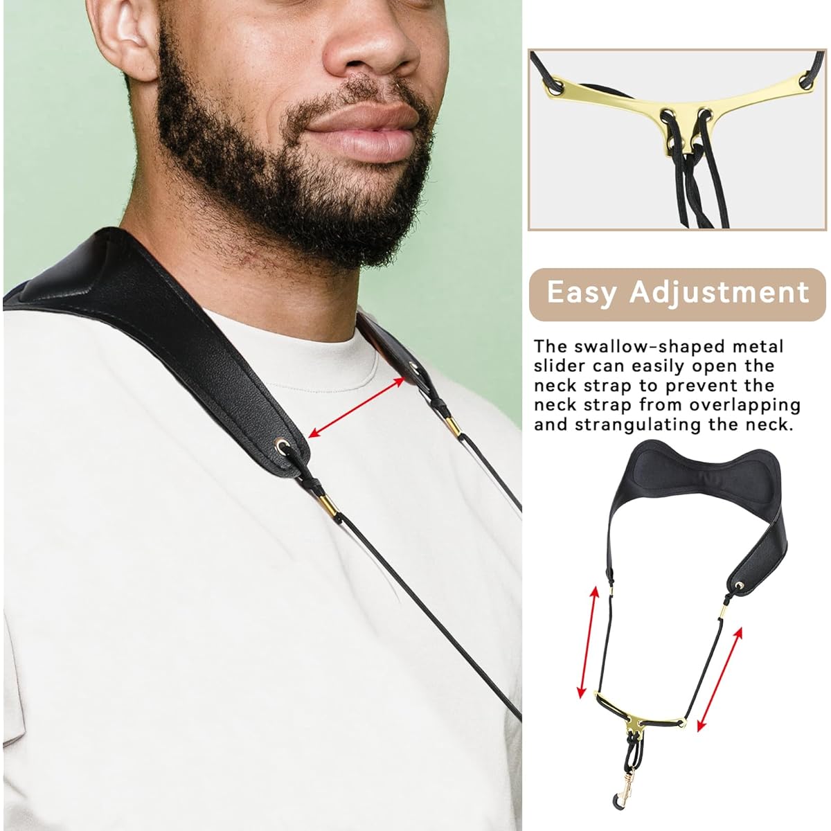 RANMING Saxophone Neck Strap Alto Saxophone Neck Strap Adjustable Length Leather Saxophone Sealed Swivel Metal Hook Saxophone Padded Neck Strap for Alto Tenor Saxophone Clarinet Oboe