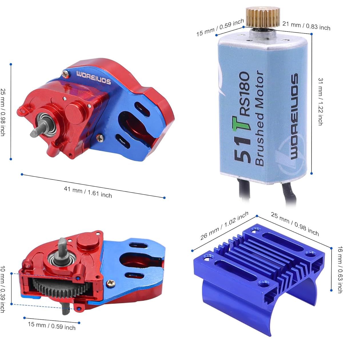 WOAEIUOS RC Motor RS180 51T Brushed Motor & Aluminum Alloy Transmission Gearbox for Axial SCX24 AXI00002 AXI00001 AXI900081 AXI00006 AXI00005 1/24 RC Crawler Upgrade Parts (Pre-assembled)