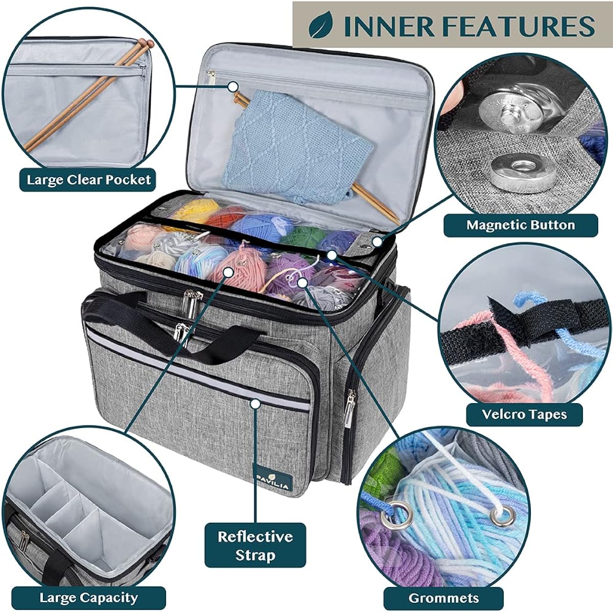 PAVILIA Knitting Bag Yarn Storage Tote - Crochet Organizer Bag Yarn Storage Holder with Dividers for Knitting Accessories Yarn Skins Needles Hooks Unfinished Projects (Heather Grey)