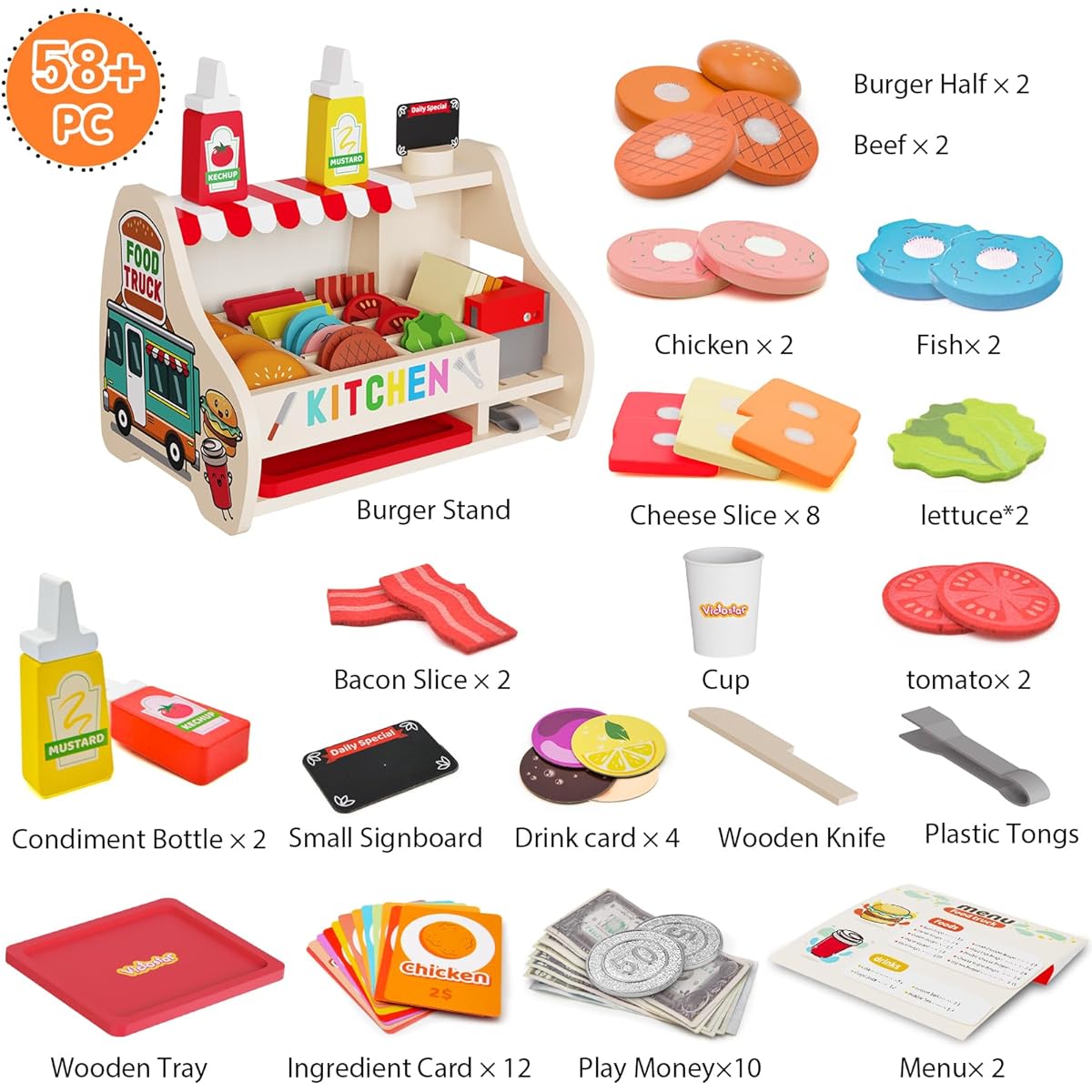 Victostar Wooden Play Food Set (58 Pieces) Slice & Stack Sandwich Counter Pretend Play Store Food Toy Burger Shop Toy for Boys and Girls
