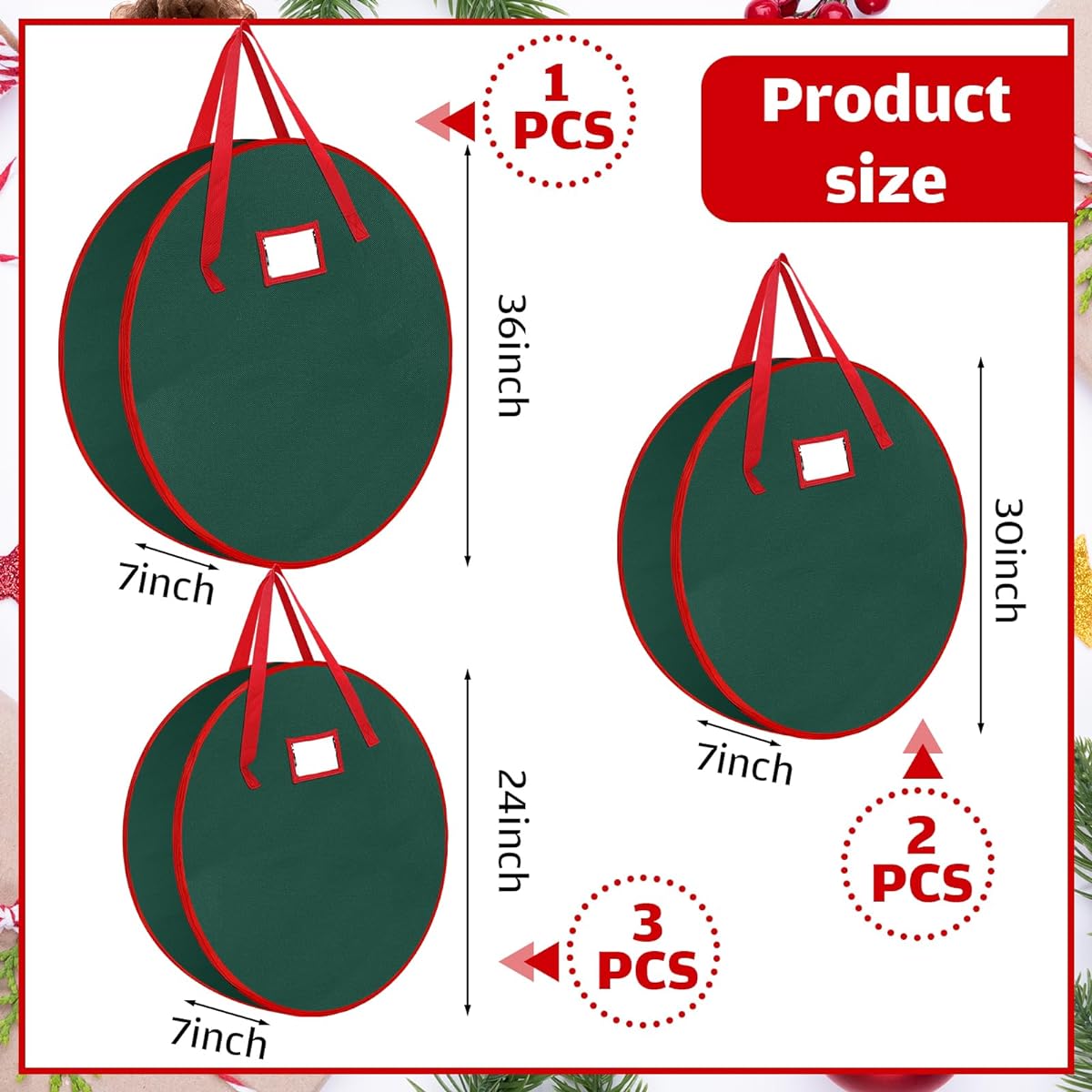 Wesnoy Christmas Wreath Storage Container Garland Wreath Storage Bag with Handle 600D Oxford Polyester Material Wreath Box with Double Three Zippers Christmas Storage Container 3 Sizes (Green)
