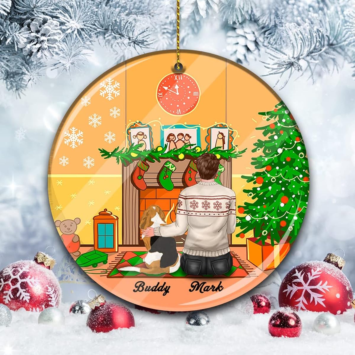 Personalized People With A Dog 2021 Christmas Ornament Customize Name Portrait Front Fireplace Gift Holiday Men Pet Lover Friends Christmas Tree Decoration Christmas Home Life Is Better With A Dog