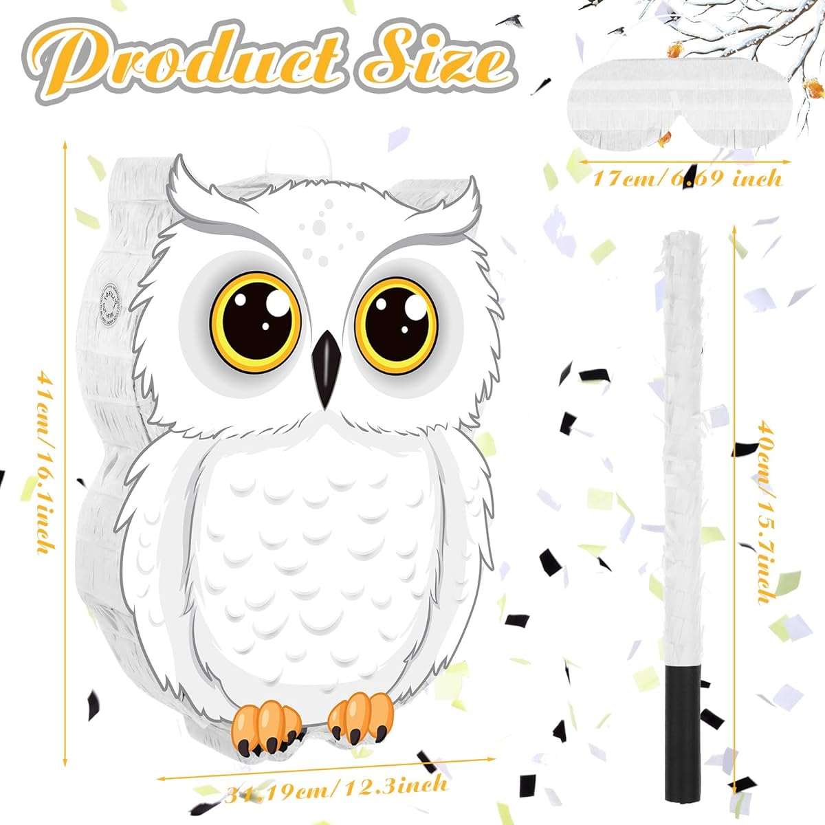Aoriher Owl Pinata with Pinata Sticks, Blindfolded Confetti, 3D White Snowy Owl Pinata Set Woodland Wizard Animal Owl Baby Shower Games Birthday Party Decoration Supplies