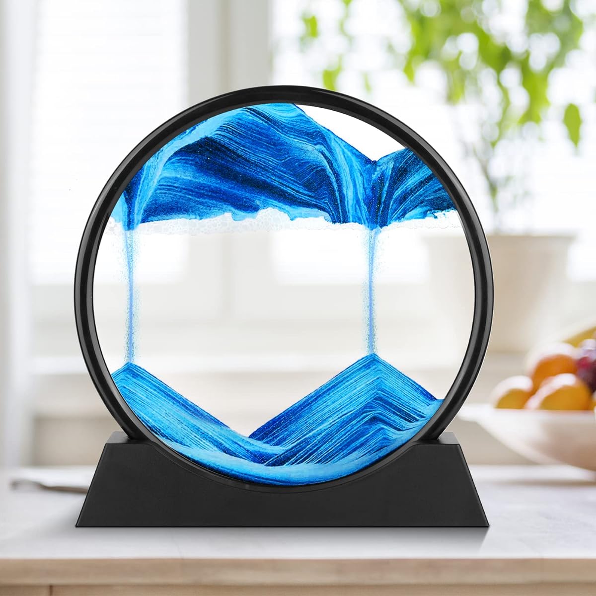 costand Moving Sand Art Picture Round Glass 3D Deep Sea Sandscape Motion Display Flowing Arcs Sand Frame Relaxing Desktop Home Office Work Decor Room Decoration(7ft Blue