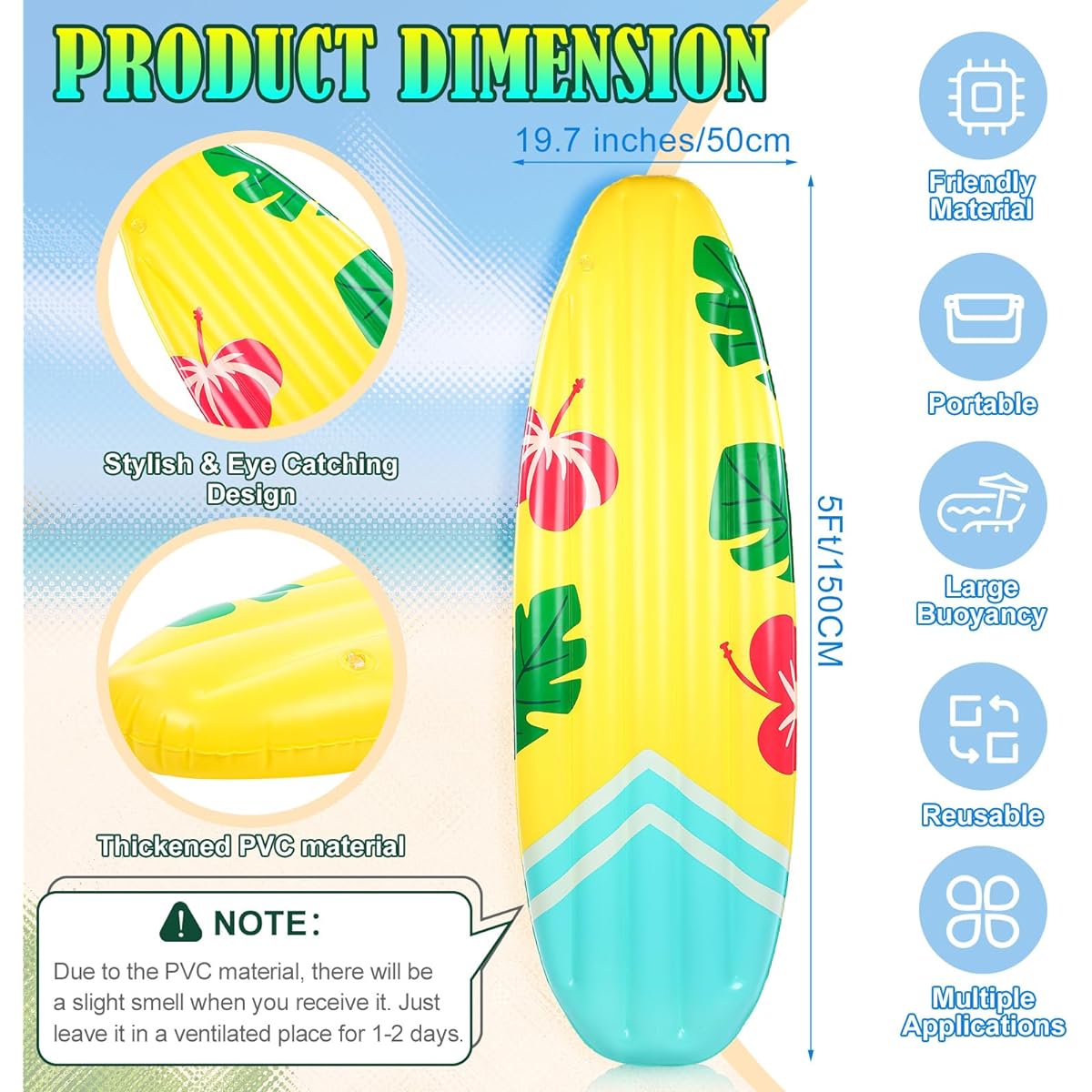 Gemscream 5ft Inflatable Surfboard Prop Luau Inflatable Surfboard Floating Toy Surfboard Float for Adults Beach Surfing Tropical Party Decoration for Pool Raft