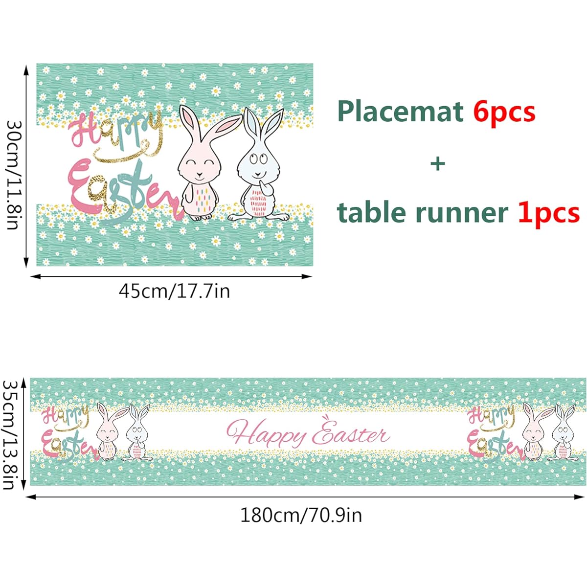 Easter Table Runner Set of 6 Placemats Happy Easter Table Mats 13.8"x71" Polyester Linen Easter Bunny Table Runner for Spring Easter Holiday Decorations Party Supplies Favors