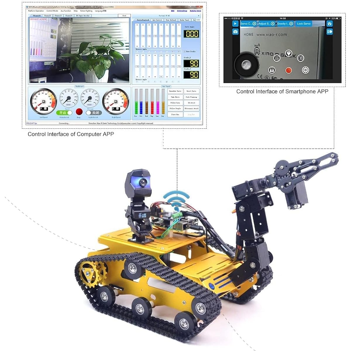 XiaoR GEEK Smart WiFi Robot Kit for Raspberry Pi 5/4B/3B+, Robot Arm Tank Chassis Robot Car Kit with 2DOF HD Camera Programmable Sensors Android/iOS APP PC Project Remote Control (Without RPi, Gold)