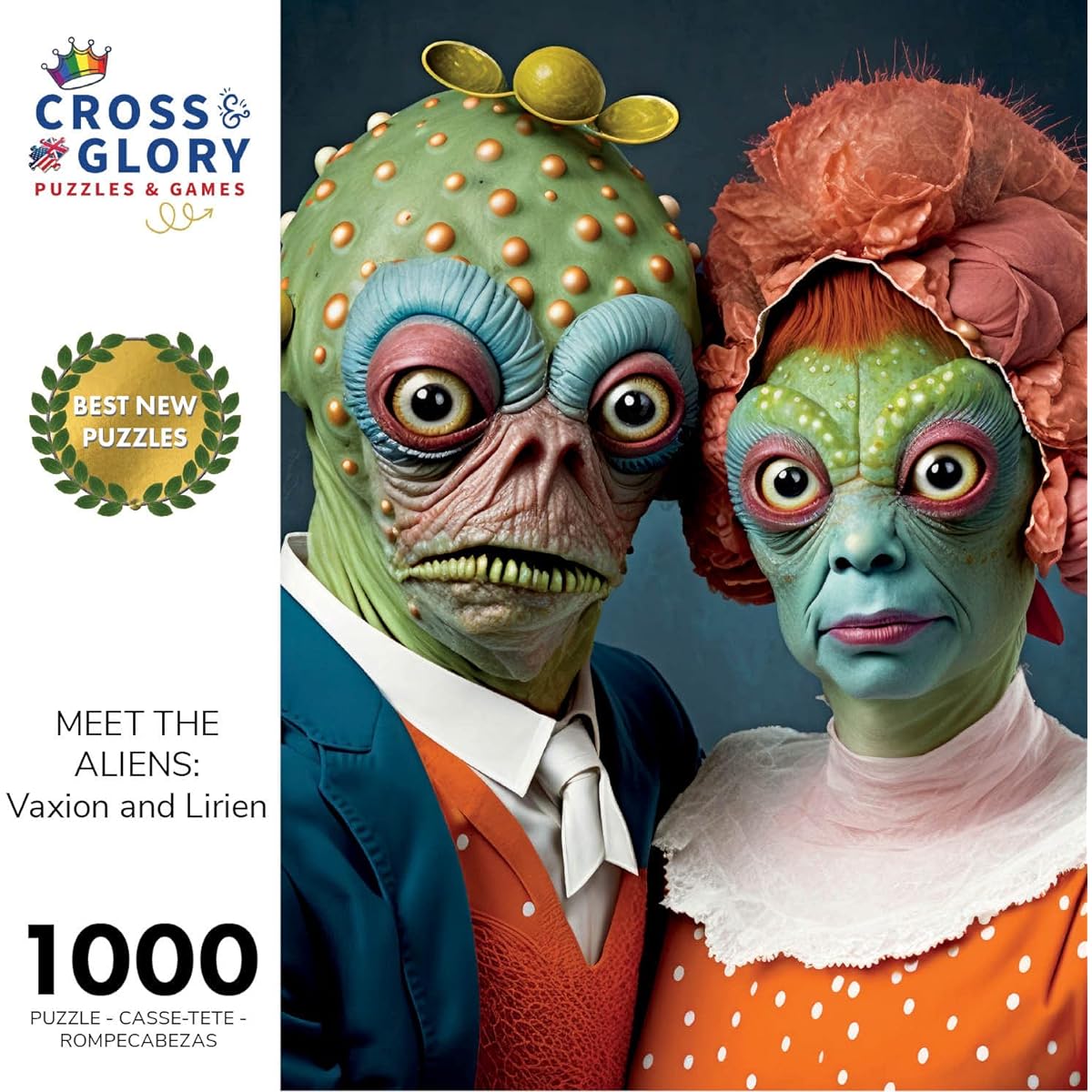Meet the Aliens: Vaxion and Lirien 1000 Piece Jigsaw Puzzle by Cross & Glory - Unique and Colorful Artwork of an Alien Couple for Puzzle Lovers and Sci-Fi Fans