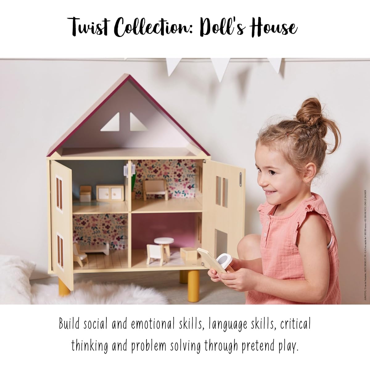 Janod - Twisted Wooden Dollhouse - 11 Wooden Accessories - Doll Furniture - Magnetic Door - FSC Wooden Toy - Ages 3+ J06617