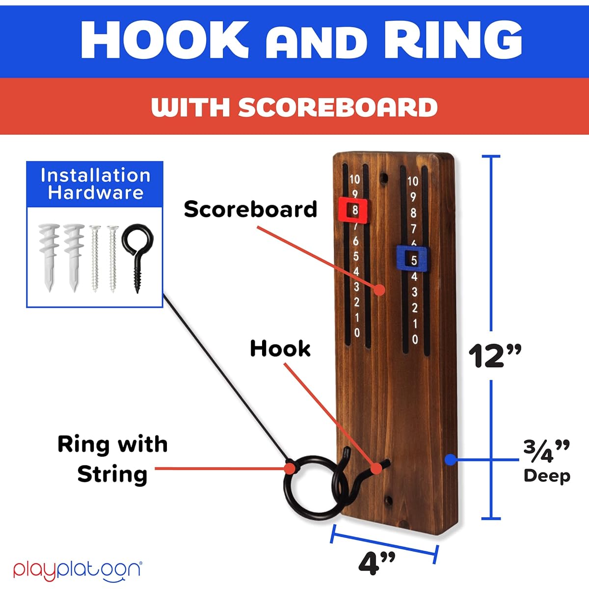 Play Platoon Hook and Ring Toss Game - Ring Toss Bar Game for Adults Wooden Toss Ring Game - Perfect for Home, Basement, or Bar