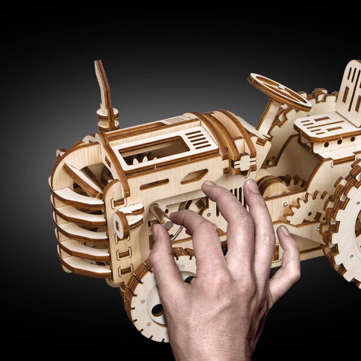 DIY 3D Wooden Puzzle Laser Cut Mechanical Wind Up Puzzle Model Kit Premium Quality Wood Non-Toxic Safe (Tractor)
