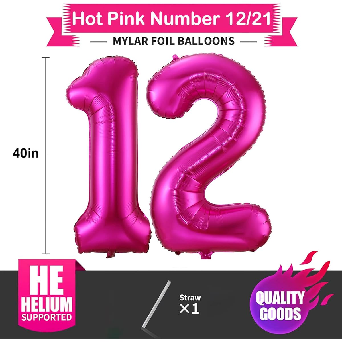 12 Hot Pink Balloons 40 Inch 12th or 21st Birthday Balloons Foil Mylar Number 12 Balloons Large Dark Pink Number Balloons for Birthday Party Anniversary Festival Decorations