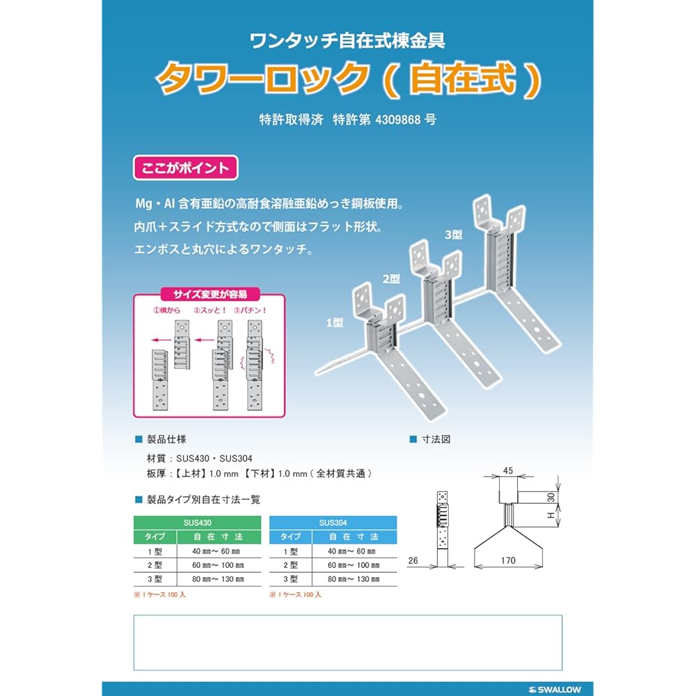 Ridge Metal Fittings Swallow Industries 430 Stainless Steel Flexible Ridge Fittings Tower Lock Type 2 (60~100) 100 Pieces
