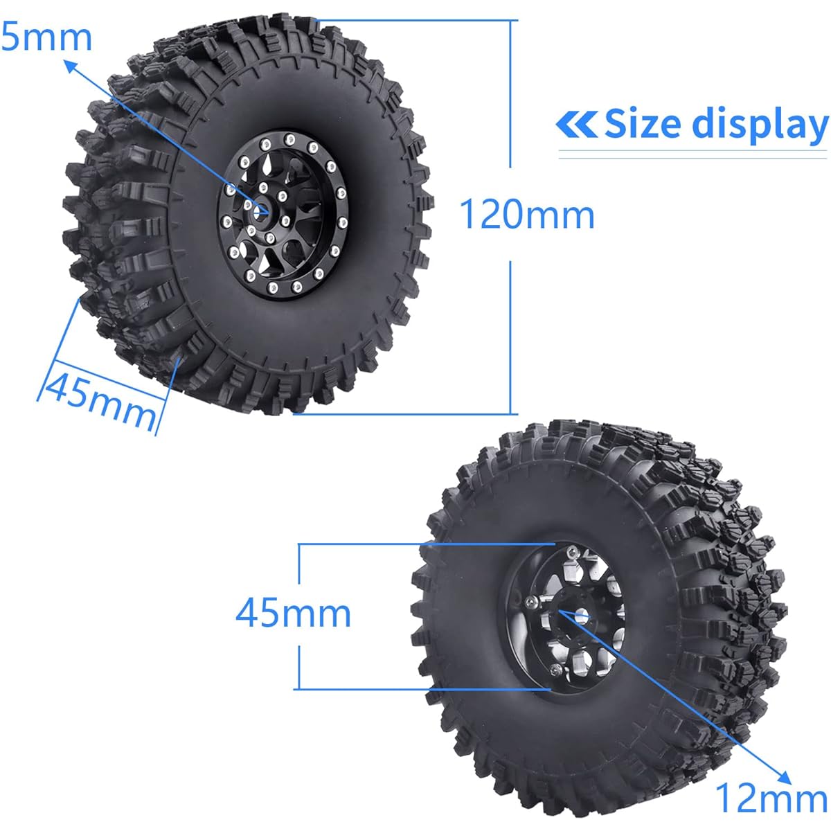 FriHobby 1.9" Beadlock Wheel and Tire Set 12mm Wheel Hub for 1/10 Scale RC Crawler Vehicle Truck Compatible with Traxxas TRX4 Axial SCX10 Redcat Gen 8 RC4WD (Black Rims)