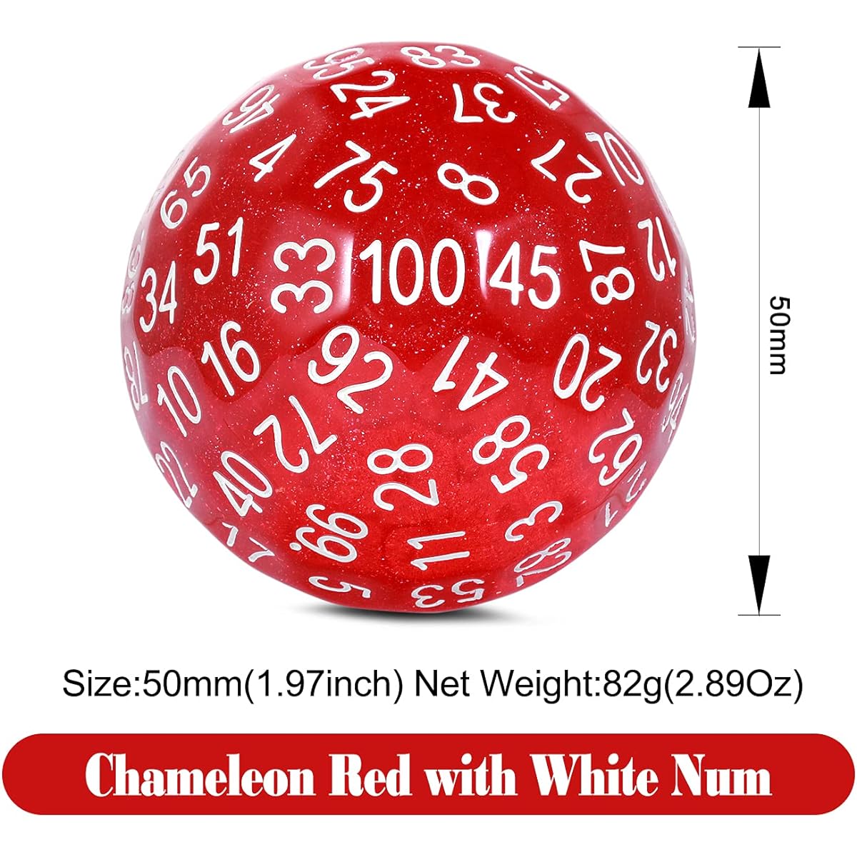 Glitter Red D100 Dice DNDND 100 sided dice with translucent pouch for Dungeons & Dragons Chameleon Red with white numbers