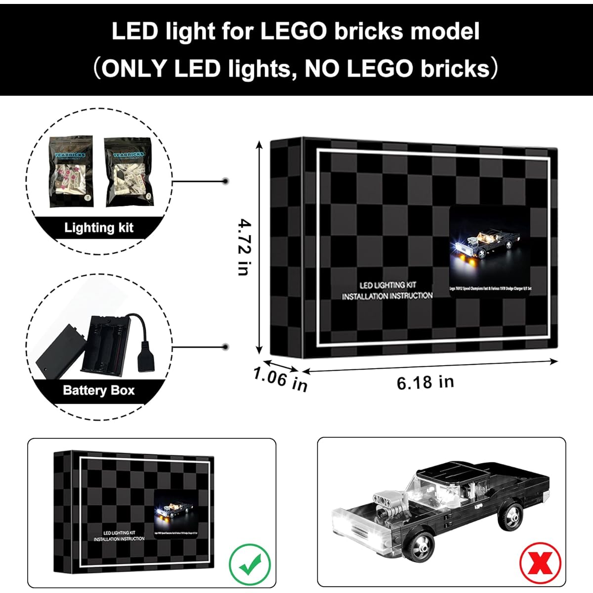 Vaodest LED Lights Compatible Design and Configuration for Lego 76912 Speed Champions Fast and Furious 1970 Dodge Charger R/T Set 76912 Model (LED Lights Only, Not a Building Blocks Kit)