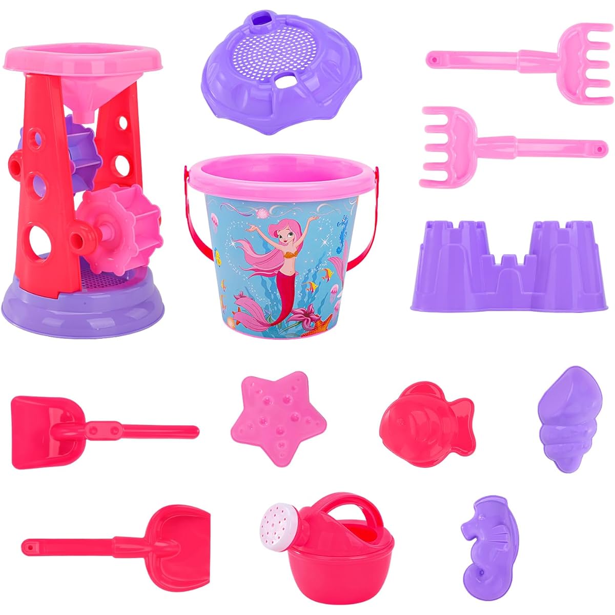Bennol Beach Toys for Kids Age 3-10, Mermaid Theme Beach Sandbox Toy Set with Water Wheel, Sand Bucket, Watering Can, Shovel Tool Kit, Castle Model in Waterproof Bag for Toddlers, Girls, Boys