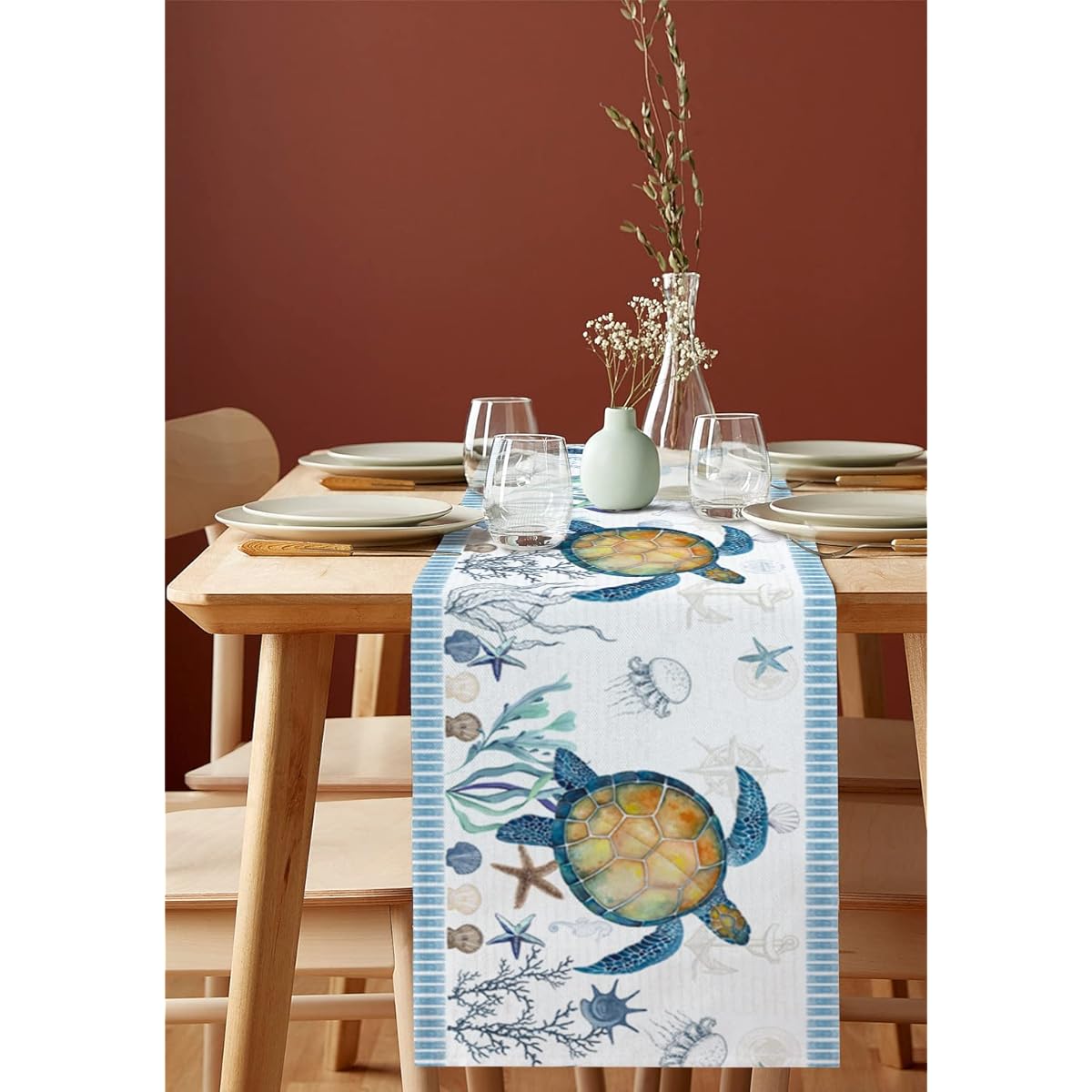 Ocean Turtle Table Runner 48" Long - Summer Beach Blue Starfish Seashell Coral Anchor Kitchen Dining Burlap & Cotton Table Runner Small Round Square for Wedding Coffee Dining Table Party Home Decoration
