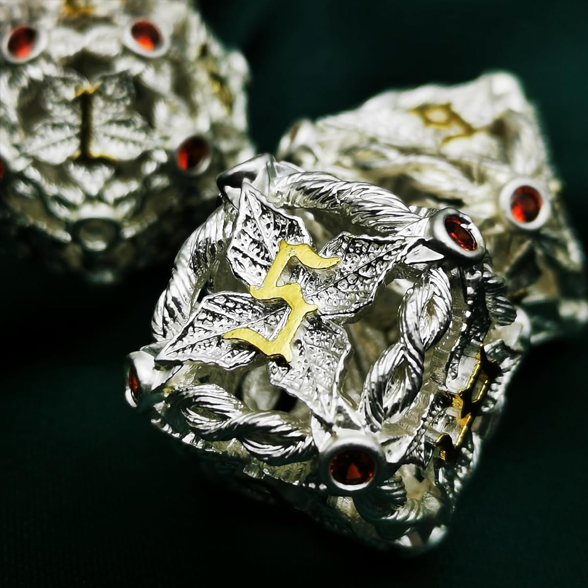HAOMEJA Hollow Magic Vine Leaf DND Dice Set Metal Dice Set 7 Role Playing Dice D&D Dungeons and Dragons Dice (White + Red Gem)