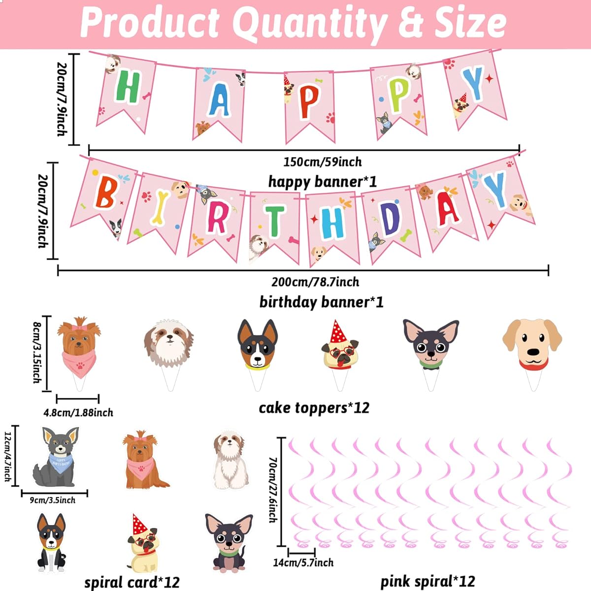 168pcs Dog Themed Party Decorations Set,Dog Tableware Set,Banner,Cupcake Toppers,Balloons,Swirls,Cards,Tinfoil Balloons,Pink Dog Party Supplies for Baby Shower Decorations