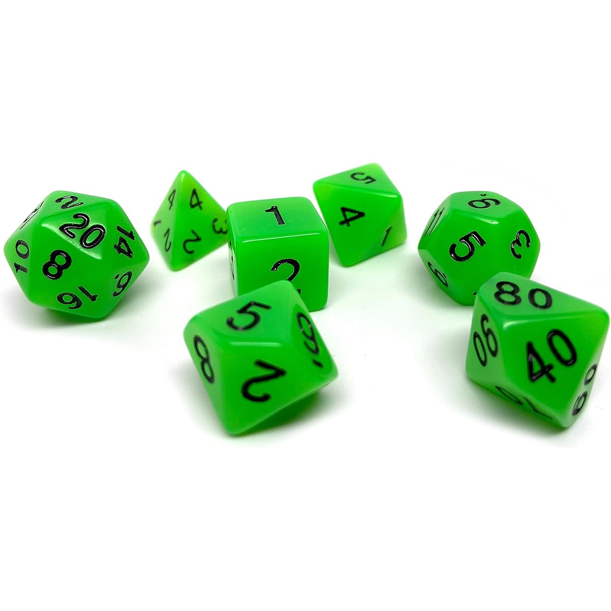 Glow in the Dark Polyhedral Dice Set - 7 Piece Dice Set D20 D12 D10 D8 D6 D4 D00 (Green with Black Font)