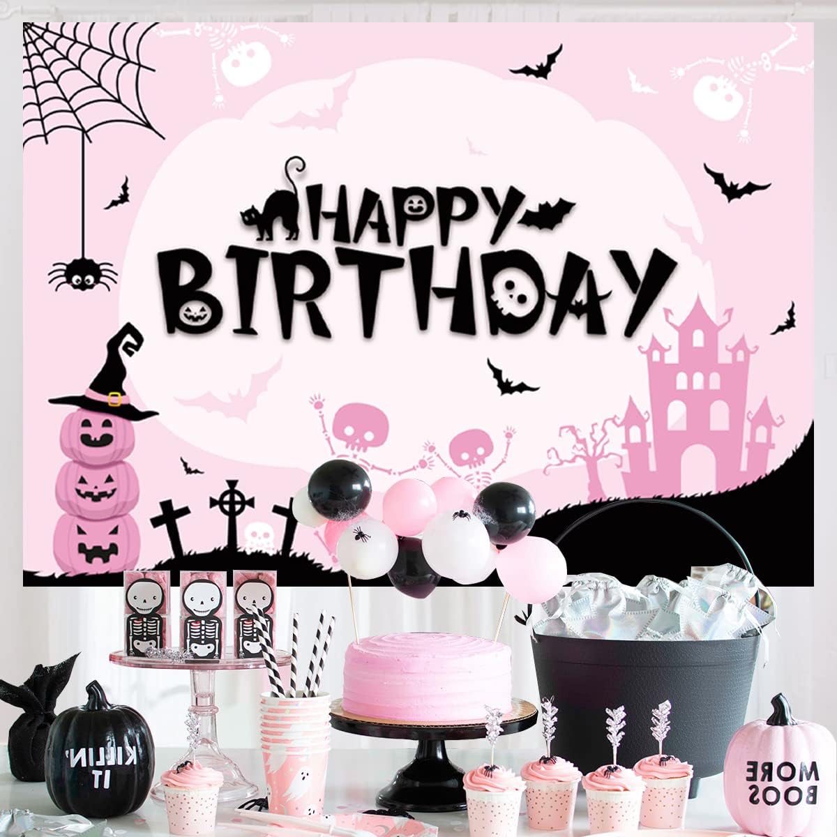 Halloween Happy Birthday Backdrop Pink 7x4ft Halloween Castle Pumpkin Photo Background Bat Spider Black Cat Halloween Birthday Photo Booth Party Decorations Supplies