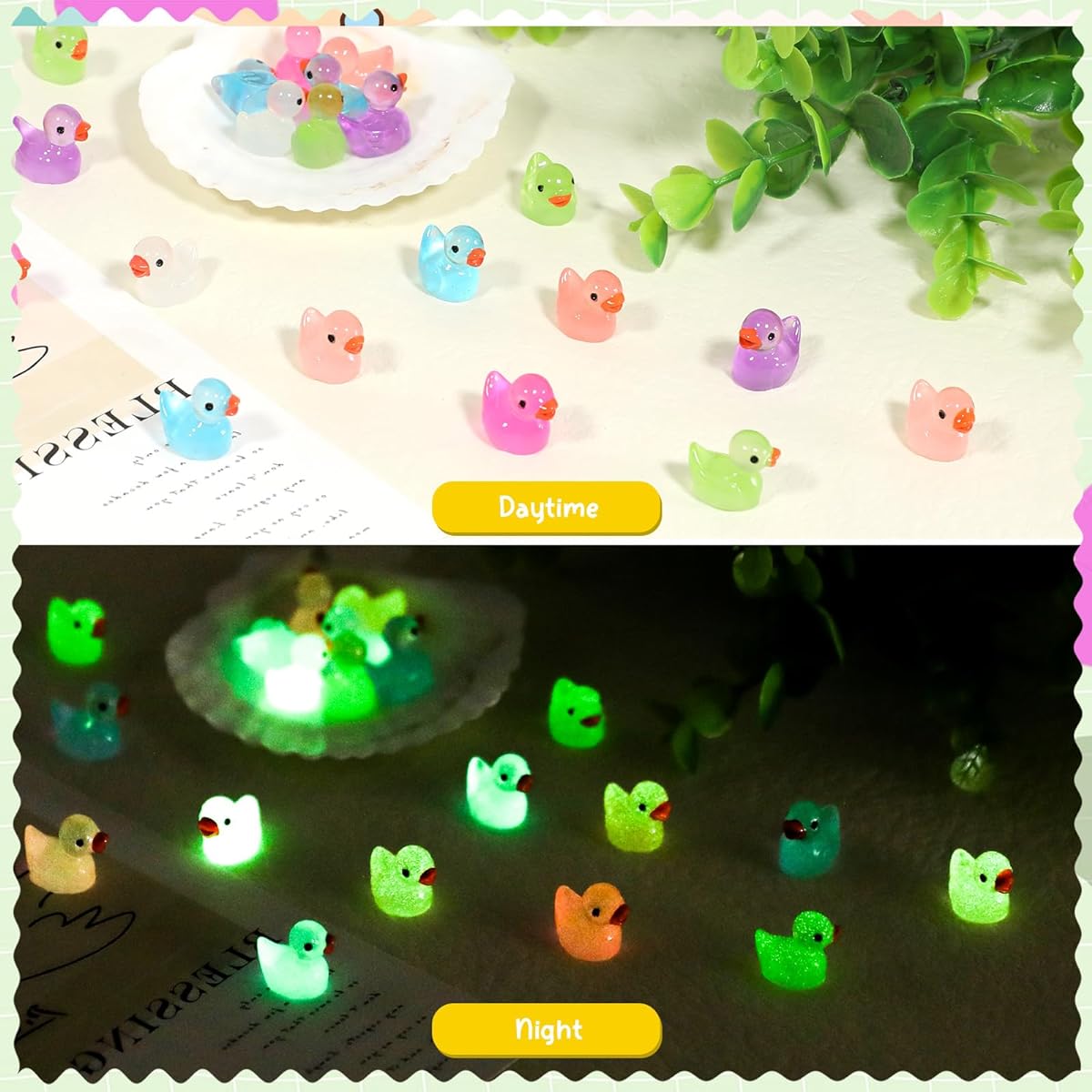 60pcs Mini Luminous Resin Duck Miniature Duck Glow in the Dark Small Plastic Duck Miniature Figure Ornament Aquarium Garden Landscape Dollhouse Ornament Potted Plant Decoration DIY